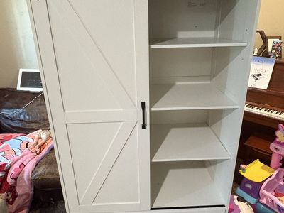 White Farmhouse Sliding Barn Door Armoire Wardrobe Cabinet with Drawers