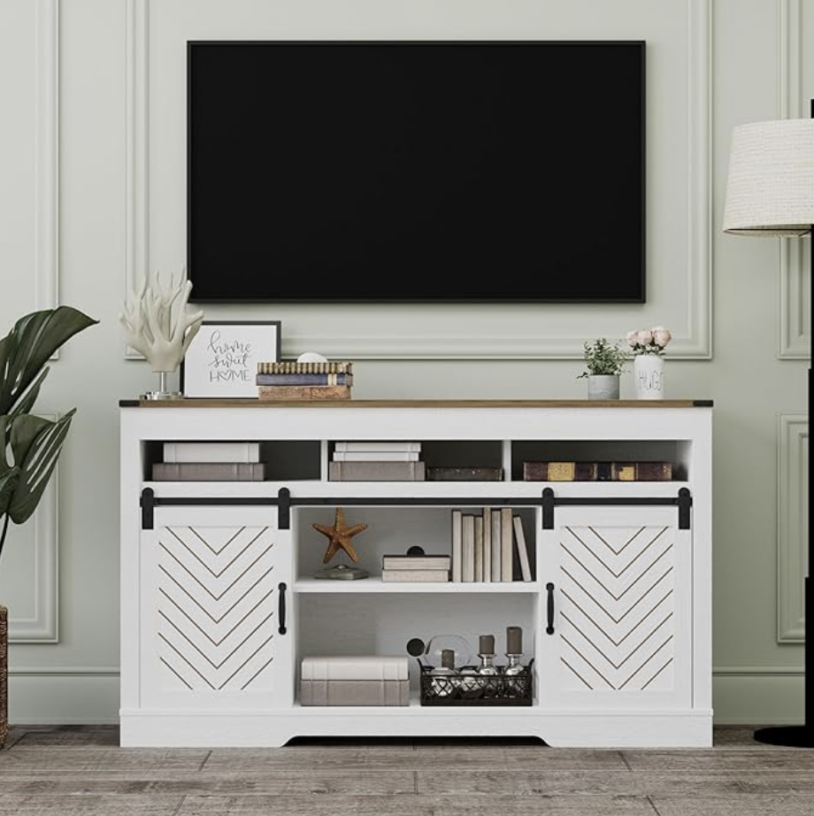 New! Farmhouse TV Stand with Sliding Barn Door - TVs up to 65 Inches
