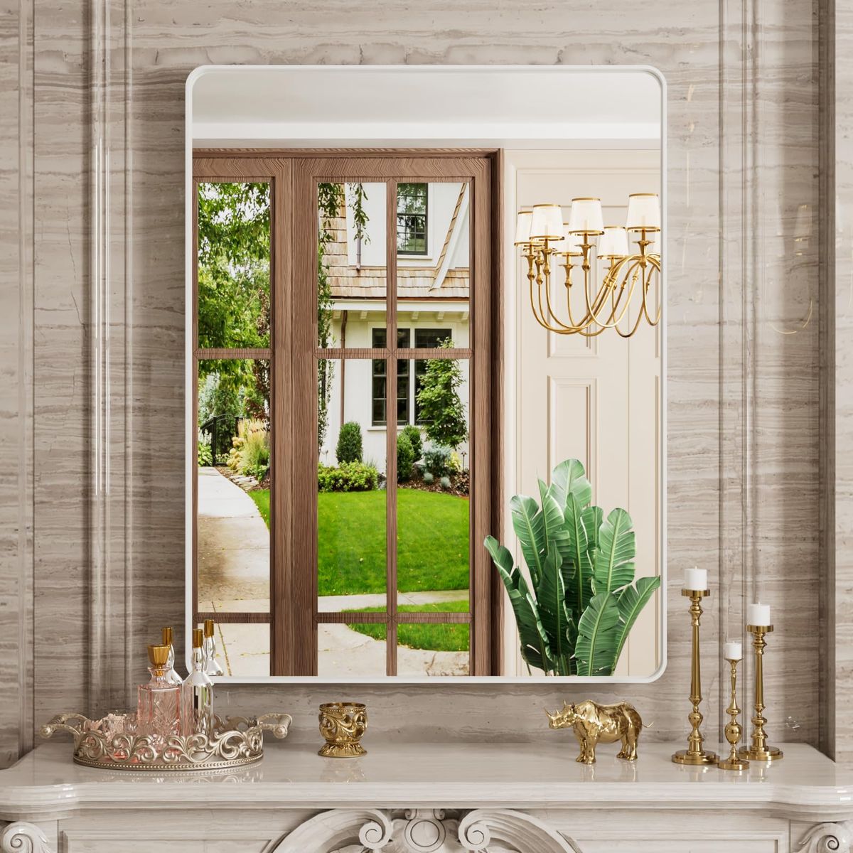 28" x 36" White Metal Framed Bathroom Mirror Vanity Mirror, Tempered Glass, Anti-Rust, Horizontal/Vertical