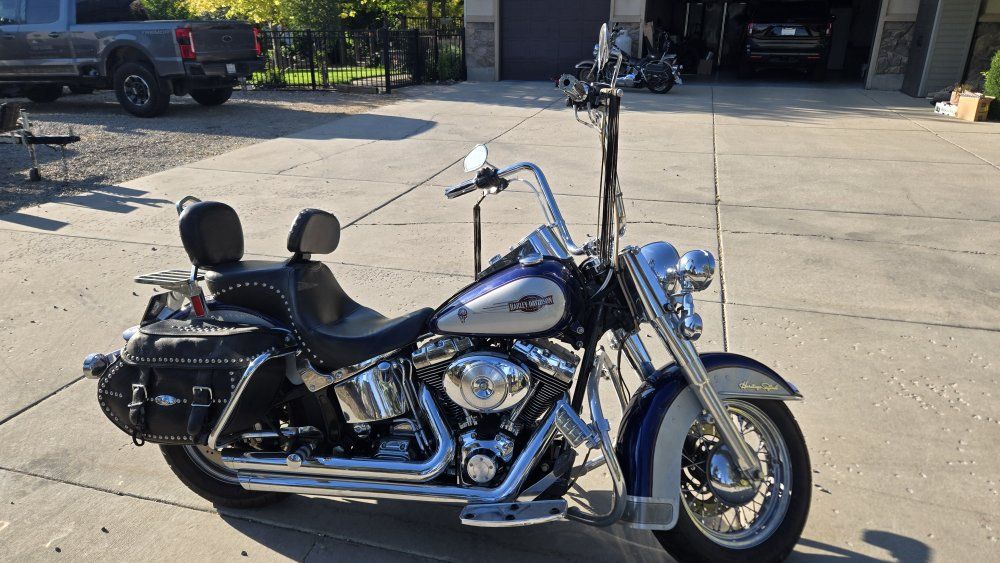 Harley Davidson Heritage Soft Tail Blue and Silver with Custom Fairing and Saddlebags