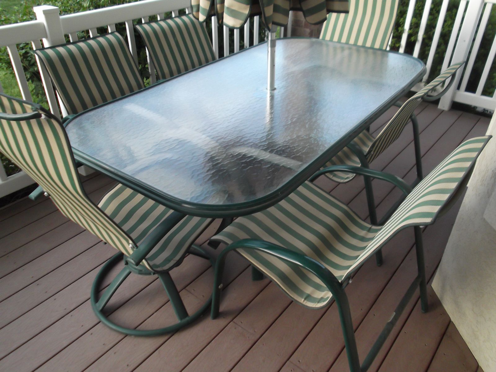 High Quality Outdoor Patio Dining Set - Glass-Top Table, 4 Side Chairs, 2 Swivel Chairs, Large Umbrella, Swinging Love Seat