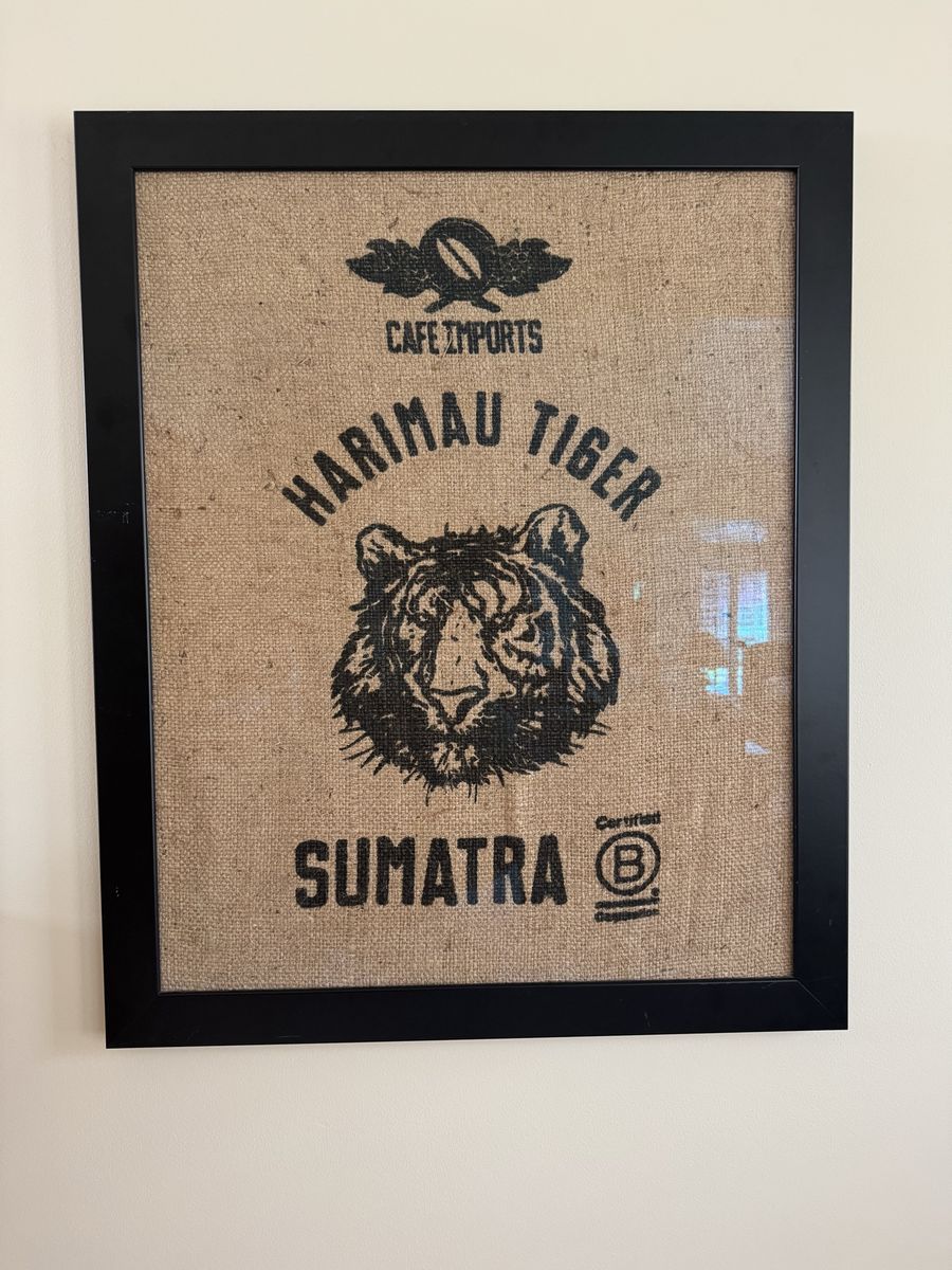 Framed Cafe Imports Harimau Tiger Sumatra Burlap Coffee Sieve Art up cycle piece for home or dorm