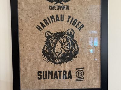Framed Cafe Imports Harimau Tiger Sumatra Burlap Coffee Sieve Art up cycle piece for home or dorm