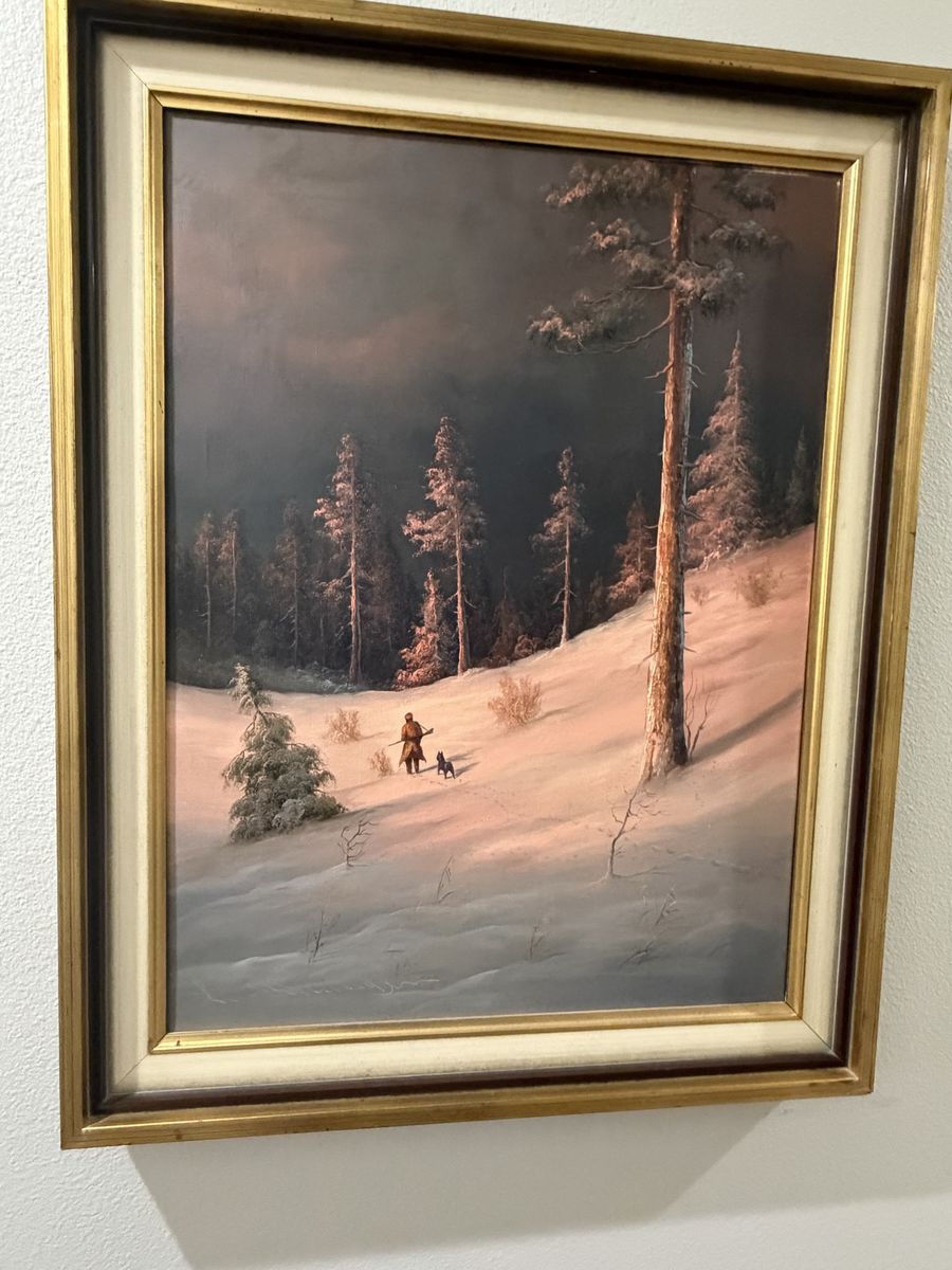 Framed European Oil Painting - Winter Hunter & Dog Scene