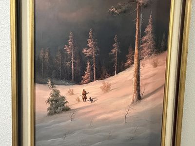 Framed European Oil Painting - Winter Hunter & Dog Scene