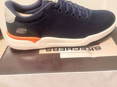 Skechers Streetwear Relaxed Fit Air-Cooled Memory Foam Sneakers - Blue/Orange, Men's Size 10.5