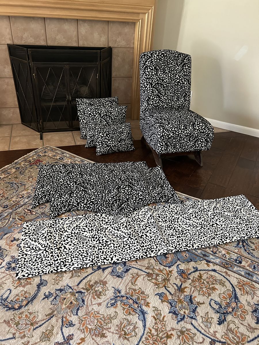 Black & White Scroll Pattern Upholstery Fabric & Pillows - Accent Chair Included