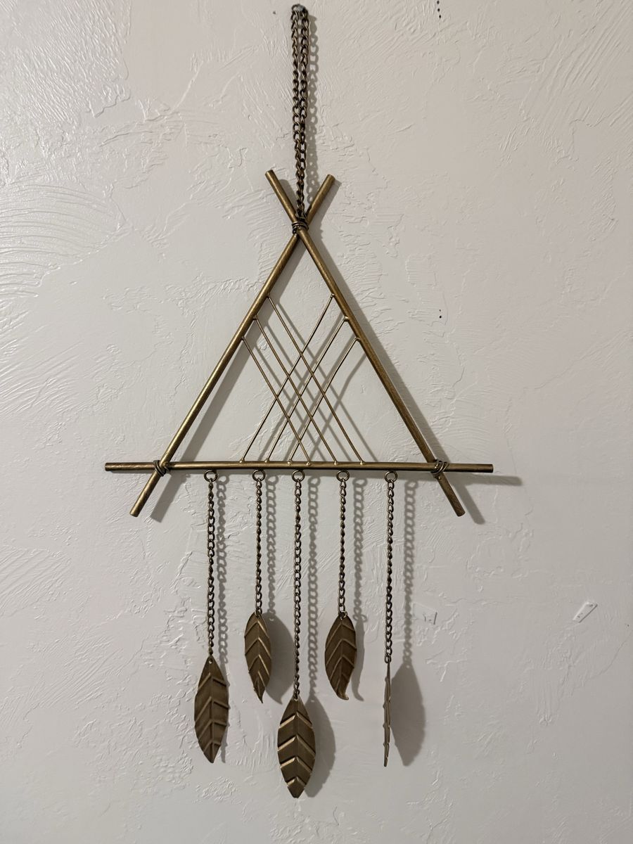 Vintage Style Brass Metal Teepee Wall Hanging with Leaf Chain Accents