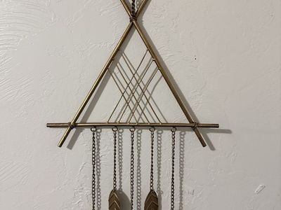 Vintage Style Brass Metal Teepee Wall Hanging with Leaf Chain Accents
