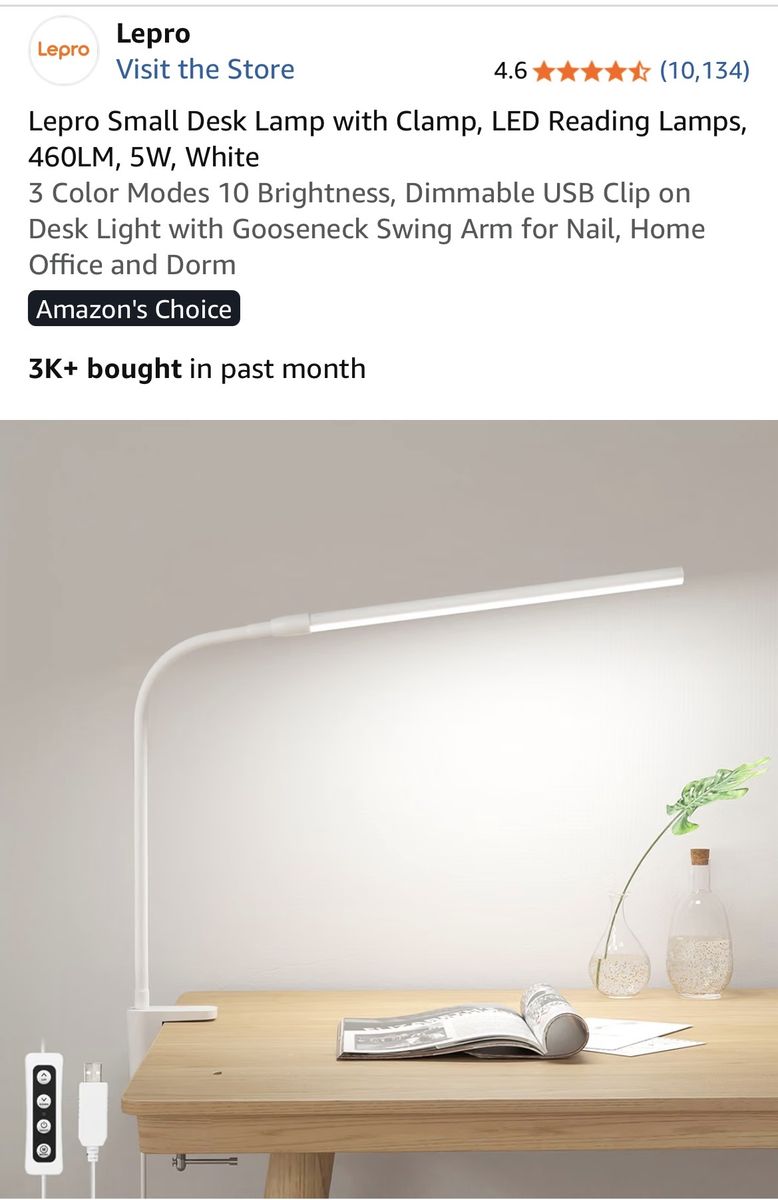 Lepro Small LED Desk Lamp with Clamp - White, 3 Color Modes, Dimmable USB