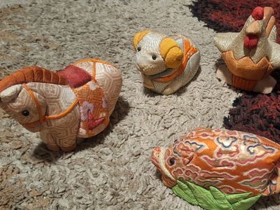 Traditional Japanese Kimekomi zodiac horse, dog, boar, and rooster figurine