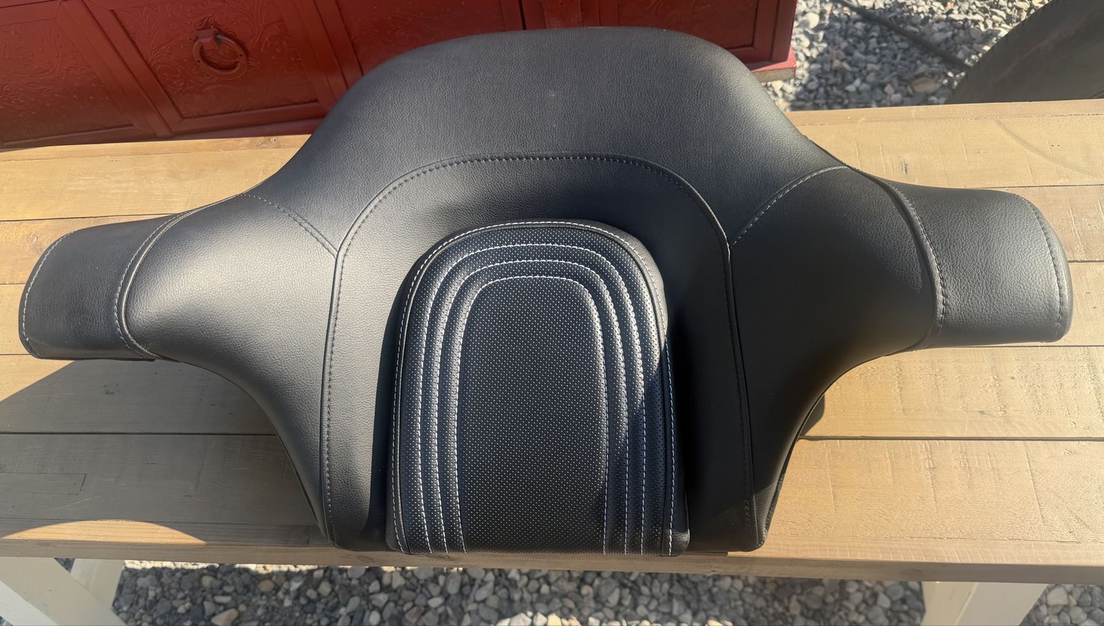 Black Leather Motorcycle Harley King Tour Pak Passenger Backrest Pad with White Stitching