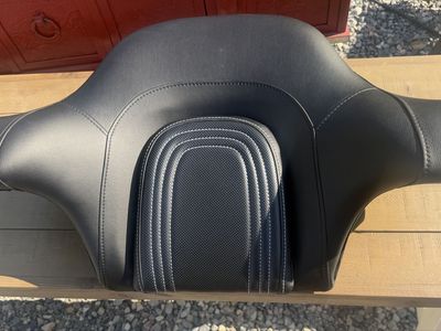 Black Leather Motorcycle Harley King Tour Pak Passenger Backrest Pad with White Stitching