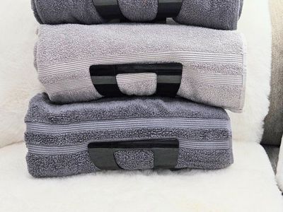 New Black Acrylic Wall-Mounted Towel Holder Rack with 3 Rolled Grey Towels