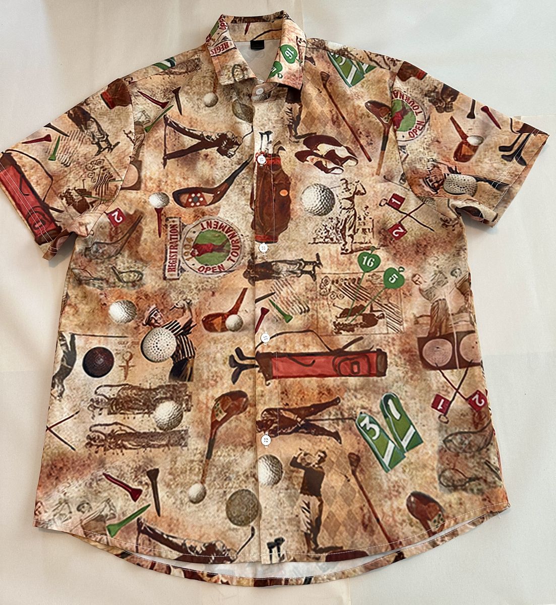 Mens Golf Print Button Up Shirt Medium Brown Short Sleeve Polyester Casual