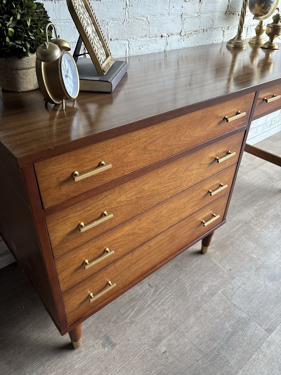 Mid-Century Modern Wood Desk with 5 Drawers and Brass Pulls - Vintage Office Furniture