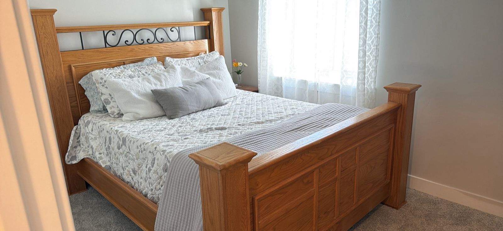 Solid Wood Queen Bed Frame with Ornate Headboard - including new mattress- Excellent Condition