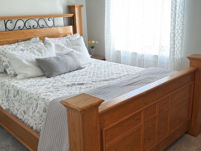 Solid Wood Queen Bed Frame with Ornate Headboard - including new mattress- Excellent Condition