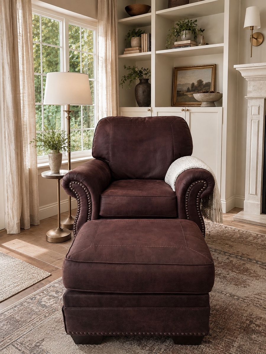 Oversized Buckskin Brown Reclining Chair & Ottoman – Excellent Condition Fathers Day gift