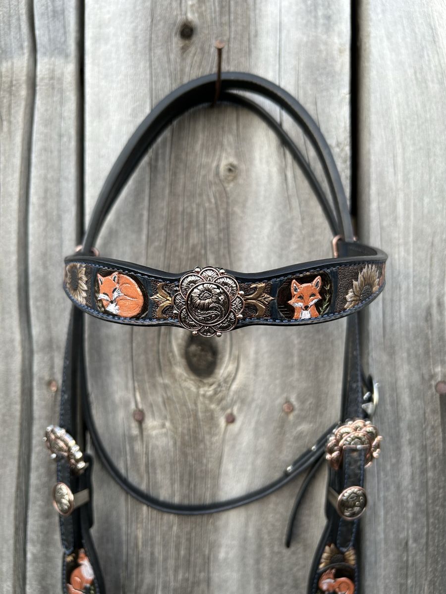 Custom Tooled Leather Horse Bridle Headstall Fox Sunflower Design