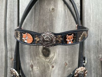 Custom Tooled Leather Horse Bridle Headstall Fox Sunflower Design