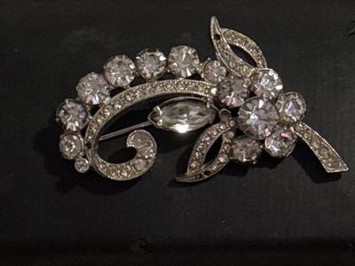 Vintage Esenberg Floral Brooch Pin Silver Tone Crystal Accent