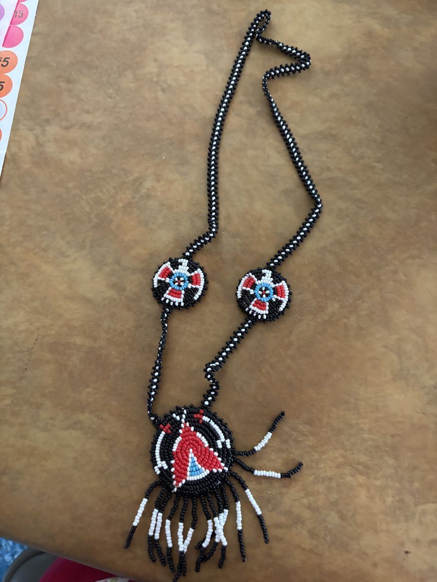 Handmade Native American Style Beaded Medallion Necklace - Black Red White
