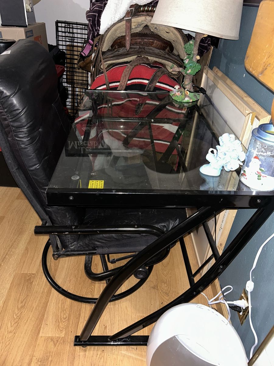 Black Metal & Glass Top Desk with X-Frame Design
