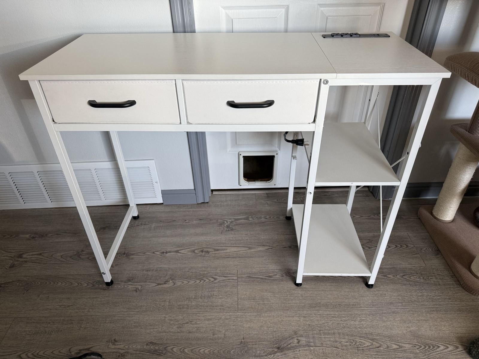 White Wood & Metal Writing Desk with 2 Fabric Drawers & Side Shelves