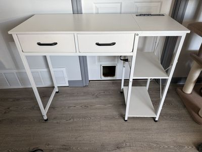 White Wood & Metal Writing Desk with 2 Fabric Drawers & Side Shelves