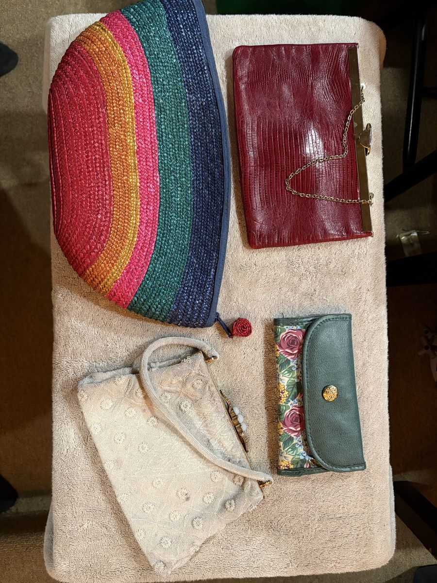 Lot of 4 Vintage Bags & Wallets: Rainbow Straw Clutch, Red Faux Croc Clutch, Cream Beaded Purse, Floral Wallet