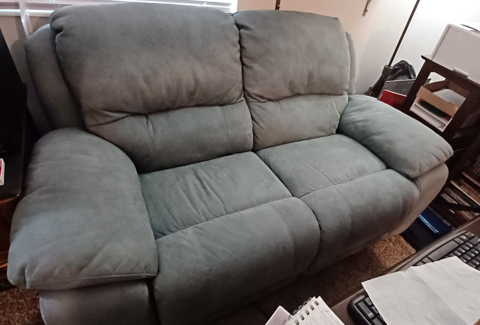 Double Recliner Loveseat in Blue-Grey Microfiber
