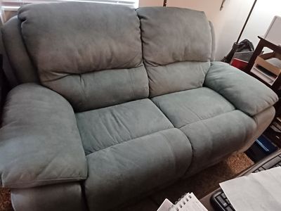 Double Recliner Loveseat in Blue-Grey Microfiber