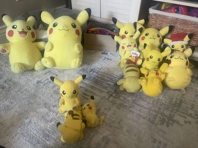 Large Lot of Pikachu Plush toys the 2 big ones are $10 each. The 3 small ones are $3 each. The 8 medium ones are $5 each