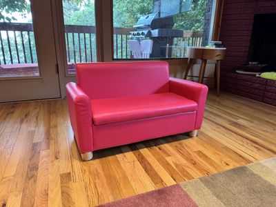 Pink Faux Leather Kids Mini Sofa Couch with Light Wood Legs and Storage Compartment