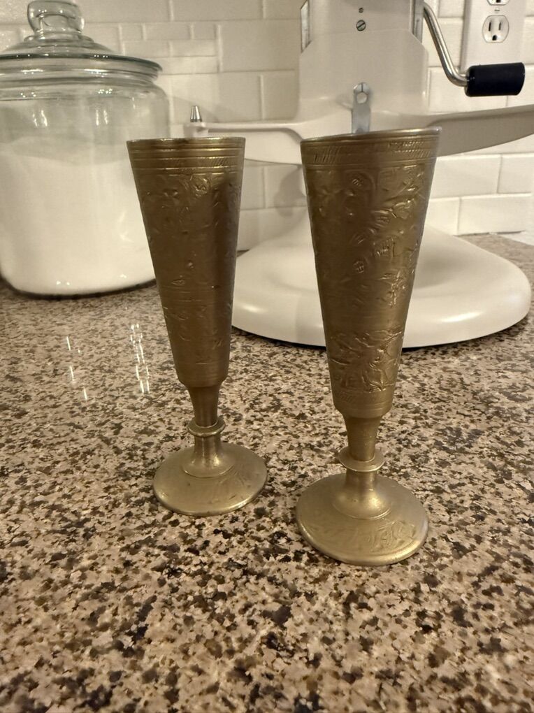 Vintage Hand Etched Brass 5in Bud Vases India