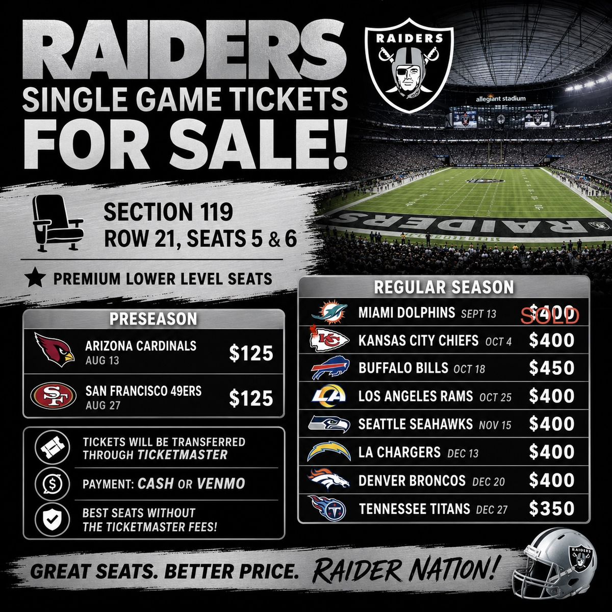 Las Vegas Raiders Single Game Tickets - Section 119 Row 21 Seats 5 & 6