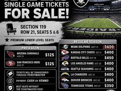 Las Vegas Raiders Single Game Tickets - Section 119 Row 21 Seats 5 & 6