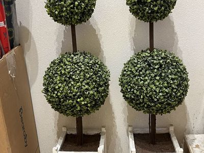 Pair of Artificial Boxwood Topiary Trees in White Planters - Decorative Greenery