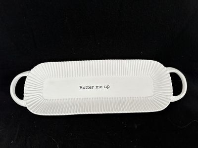 Mud Pie “Butter Me Up” White Ceramic Bread/Rolls Platter with Handles