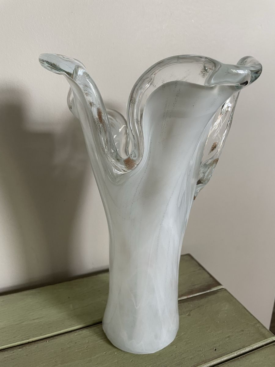 Vintage Italian Art Glass Vase White Swirl Ruffled