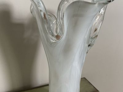 Vintage Italian Art Glass Vase White Swirl Ruffled