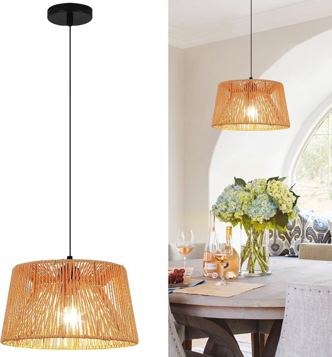 10.8" Rattan Pendant Light Hanging or Flush Mount