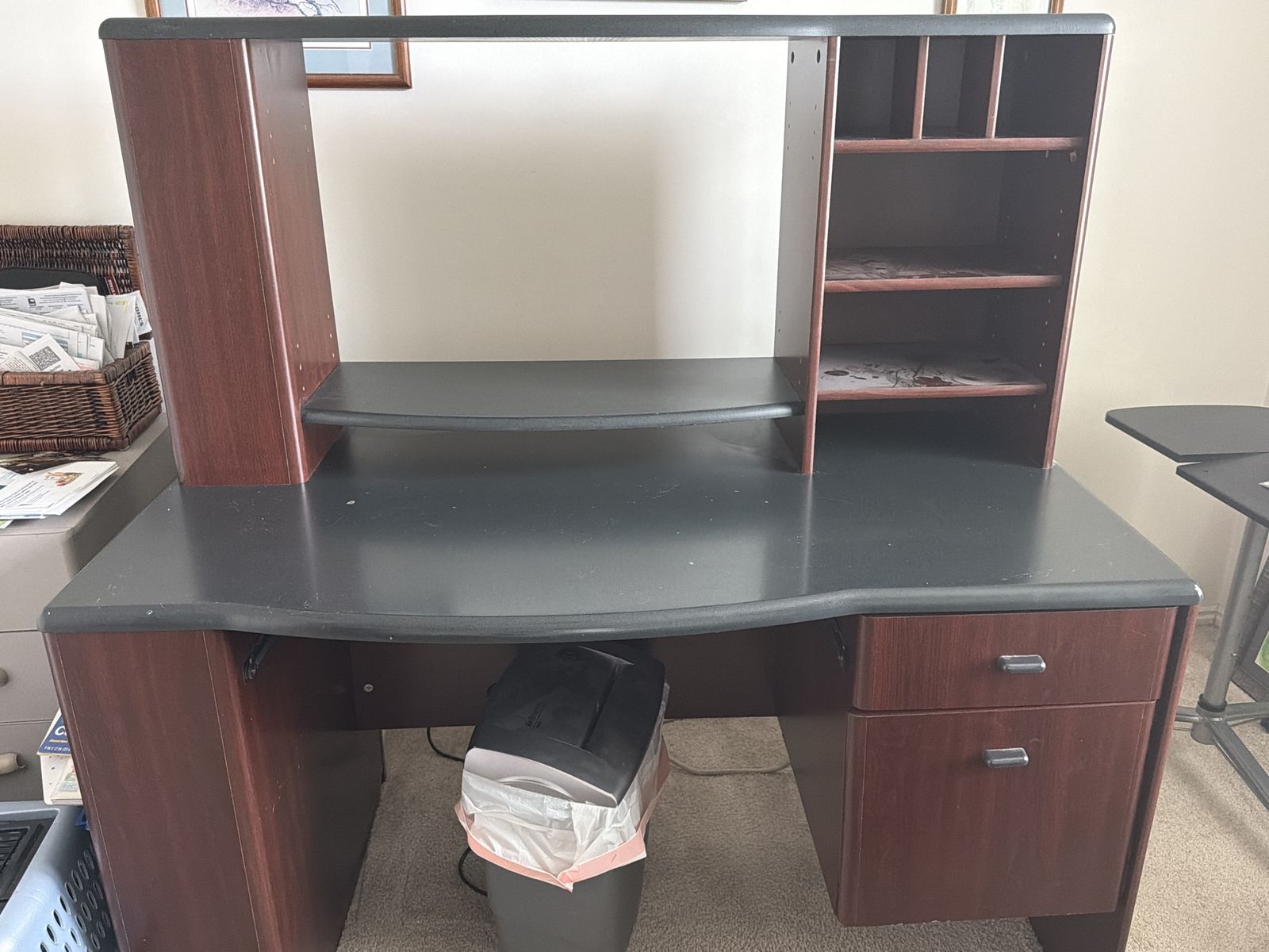Spacious Wood Computer Desk with Hutch and Storage, Dark Cherry/Black Finish