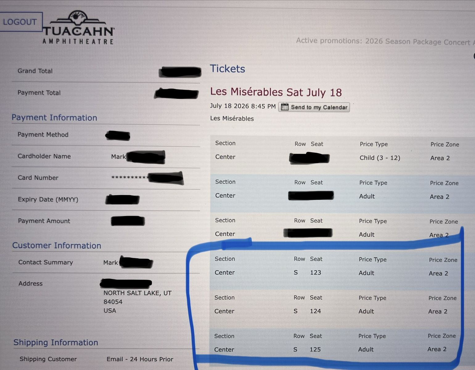 3 tickets to Les Misérables Tuacahn Amphitheatre - Sat, July 18, 2026