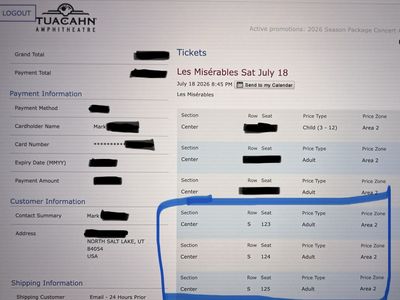 3 tickets to Les Misérables Tuacahn Amphitheatre - Sat, July 18, 2026
