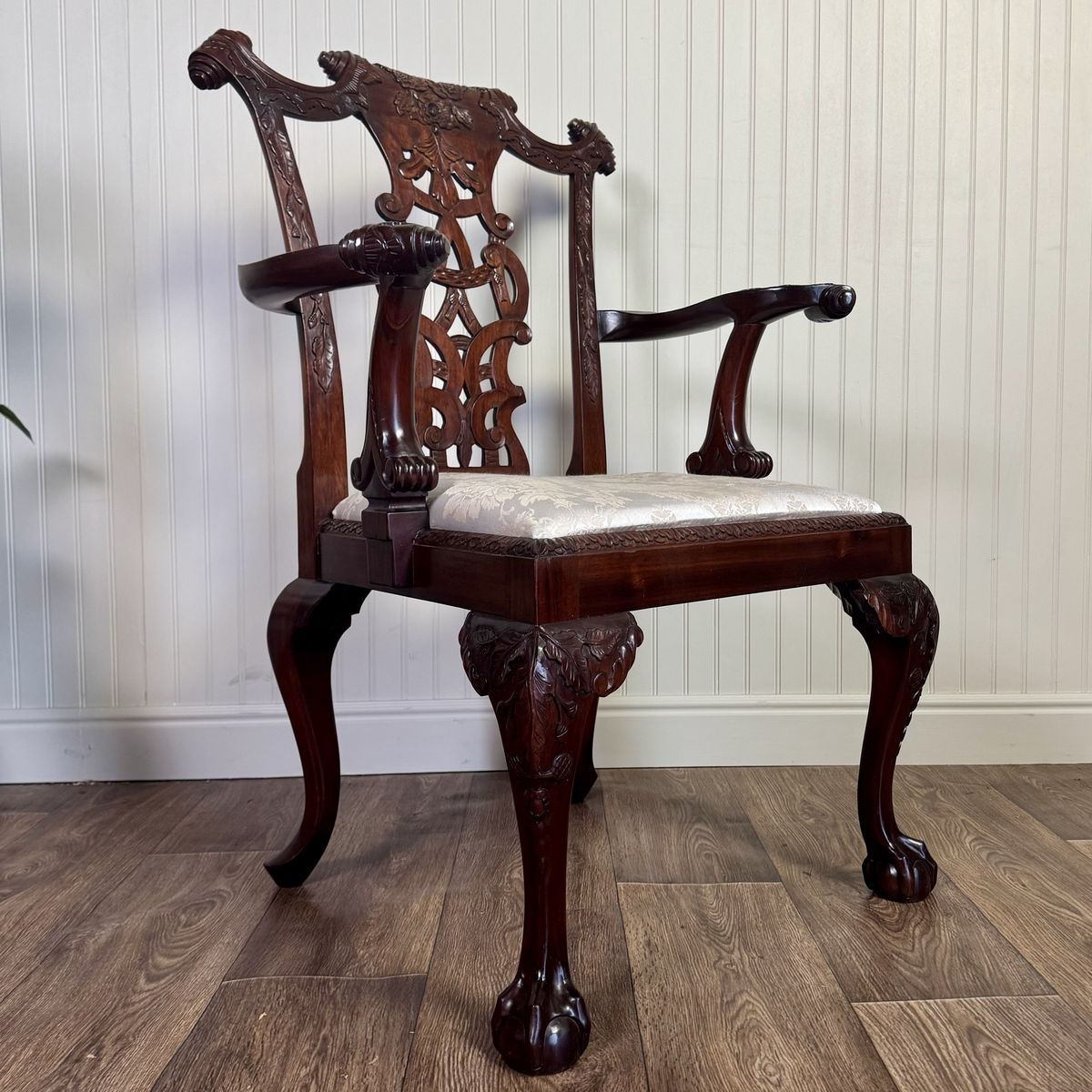 Vintage Irish Chippendale Revival Carved Mahogany Armchair