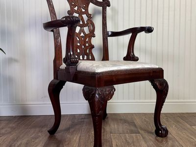 Vintage Irish Chippendale Revival Carved Mahogany Armchair