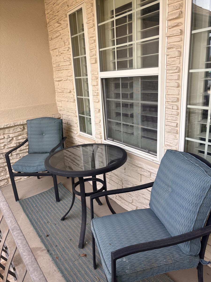 Outdoor Patio Bistro Set - 2 Chairs & Glass Top Table with Blue Cushions