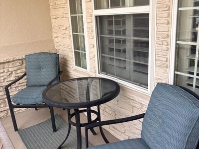 Outdoor Patio Bistro Set - 2 Chairs & Glass Top Table with Blue Cushions